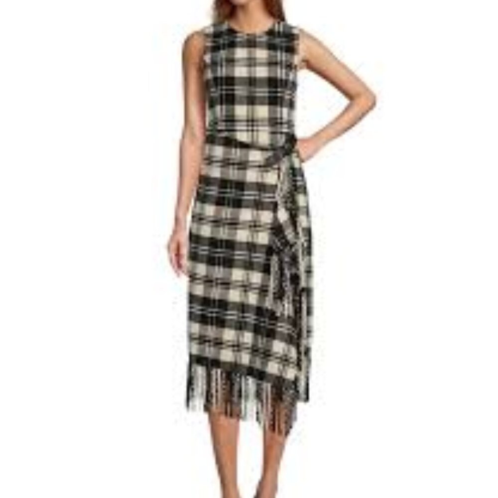 NWT Antonio Melani Tula Plaid Print Belted Wrap Front Fringe Hem Dress